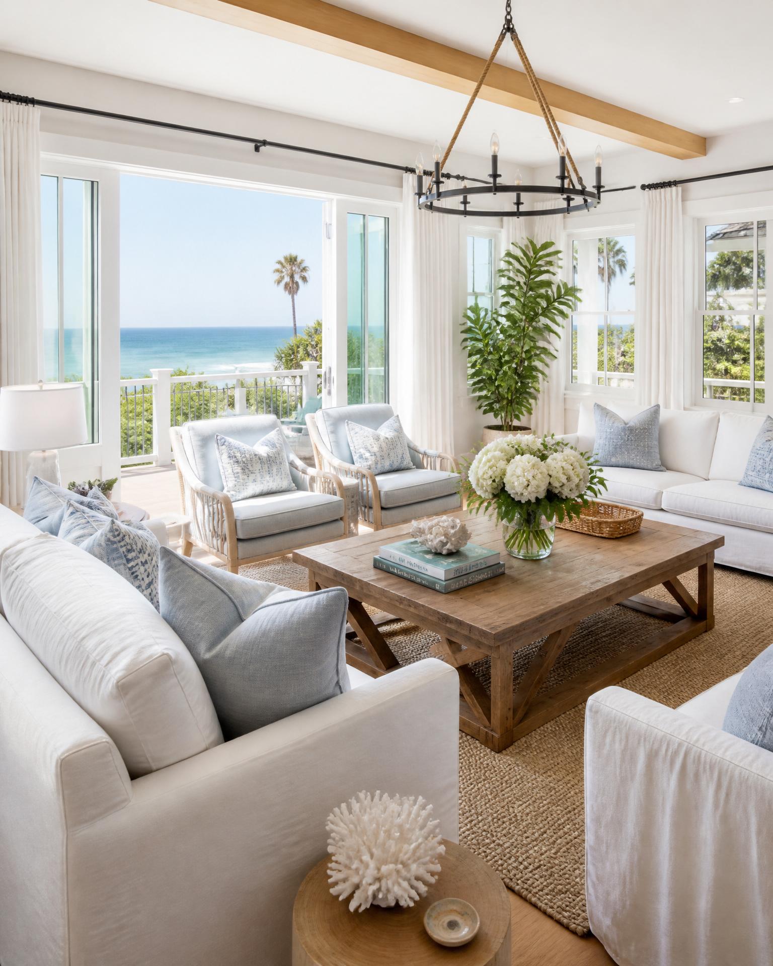 Sunlit coastal living room in a St. Augustine vacation rental, styled and guest-ready