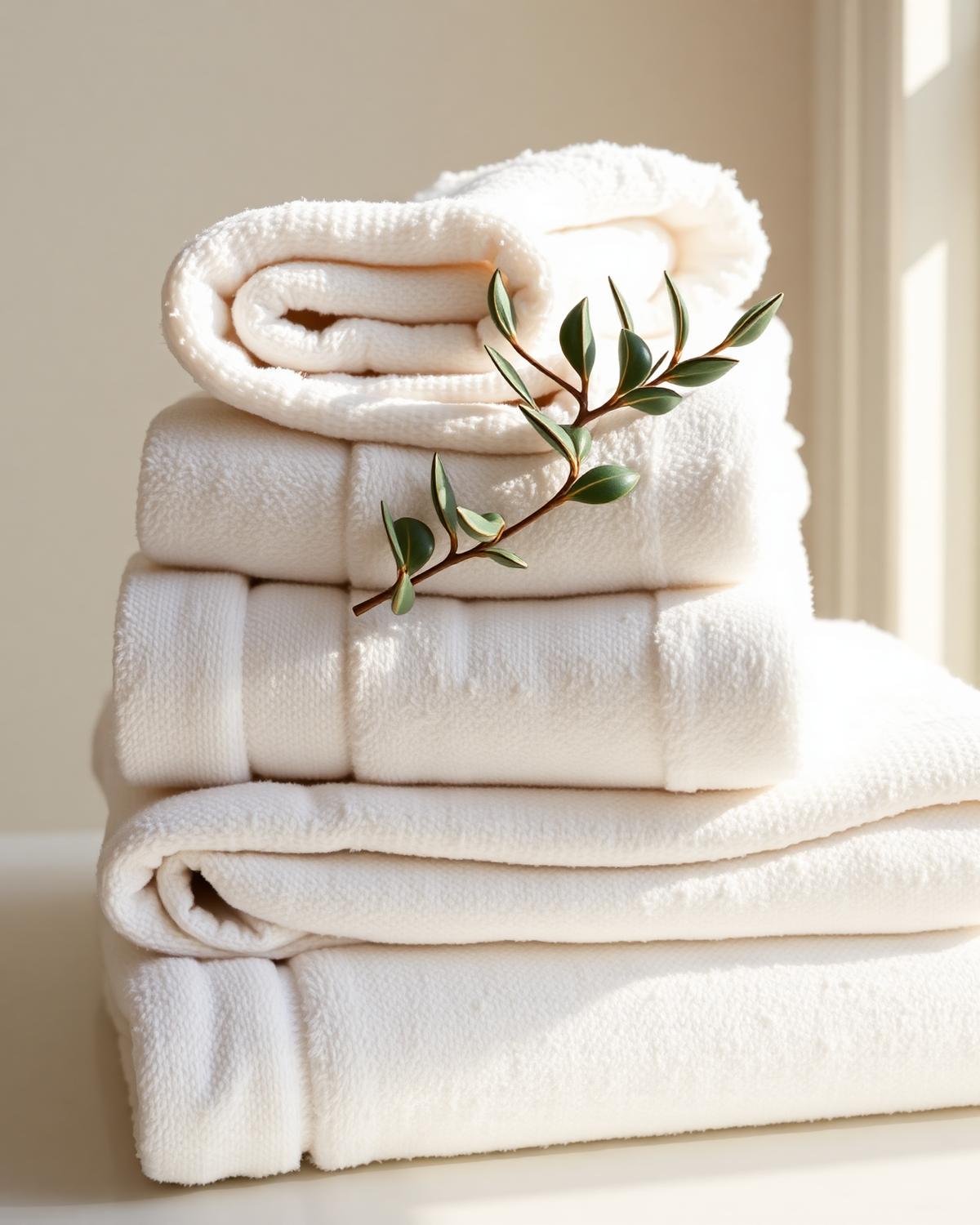 Folded plush towels with eucalyptus